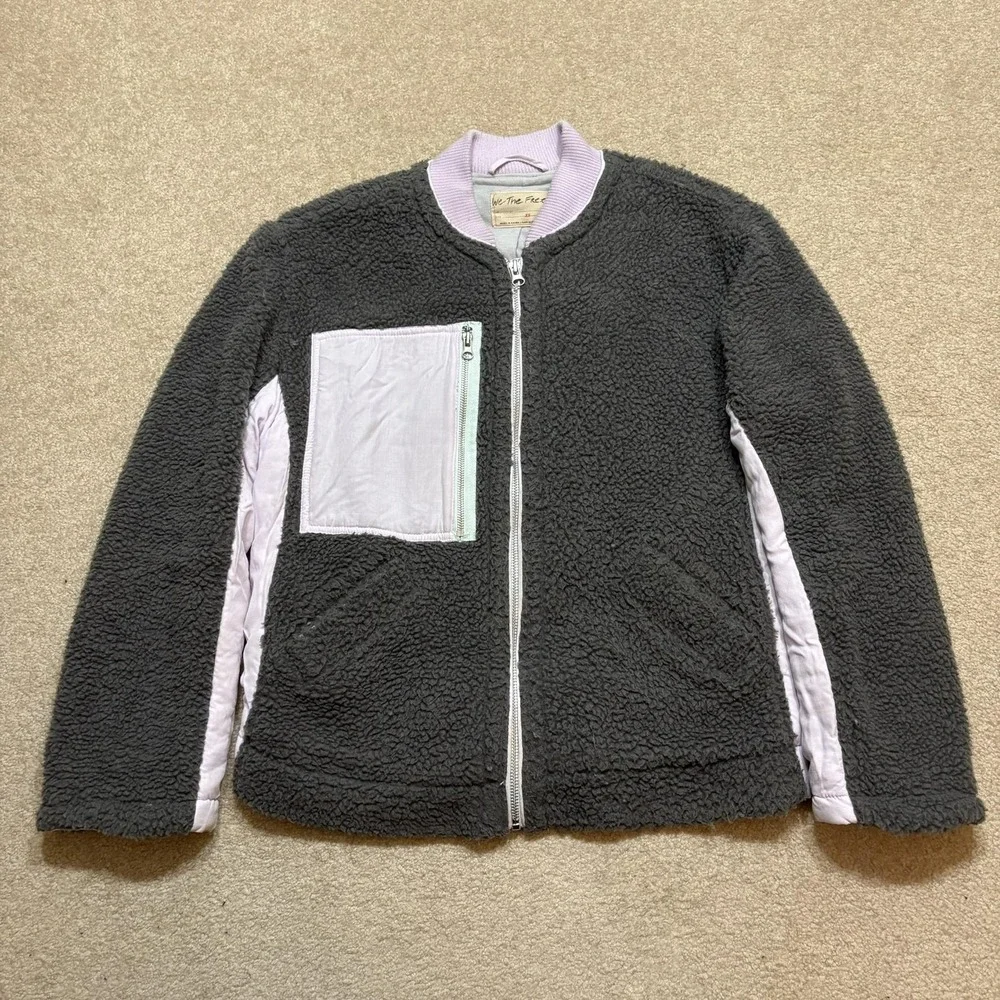 We The Free Rivington Sherpa Jacket FP Womens XS Zip Pockets Gray Pink‎ Bomber